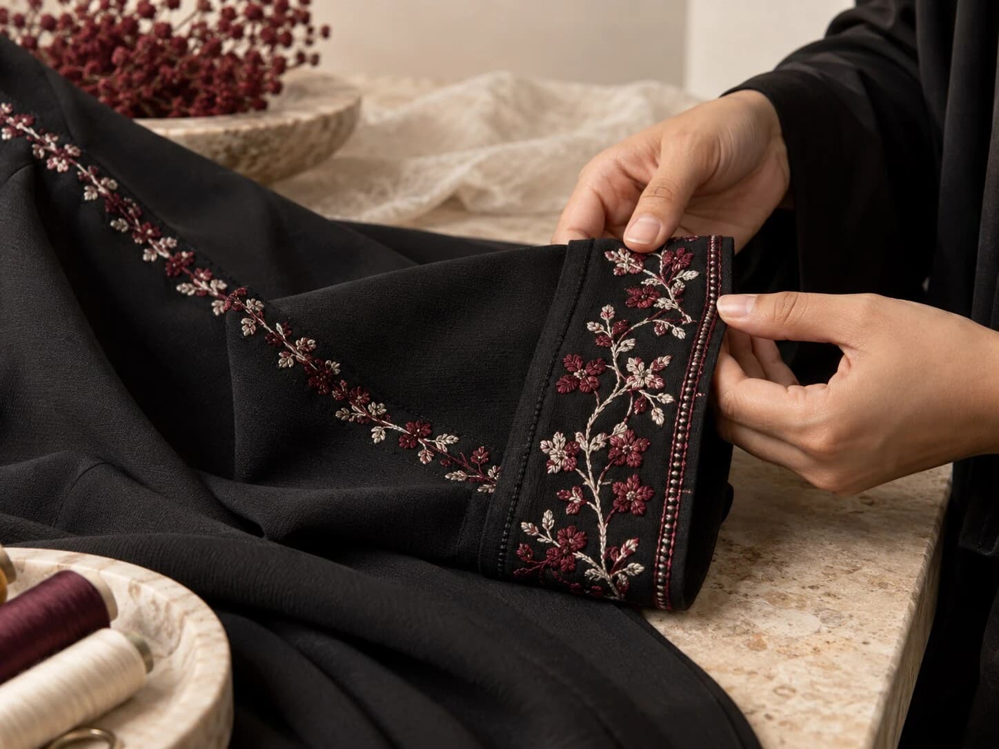 Close-up of burgundy and ivory embroidery on black abaya fabric