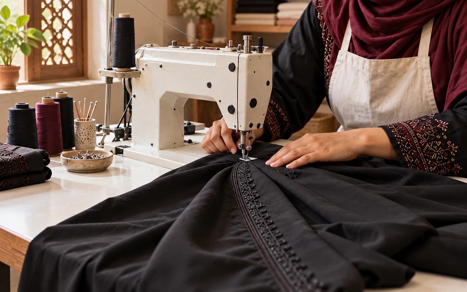 Close-up of artisan hands stitching black abaya fabric at a sewing machine