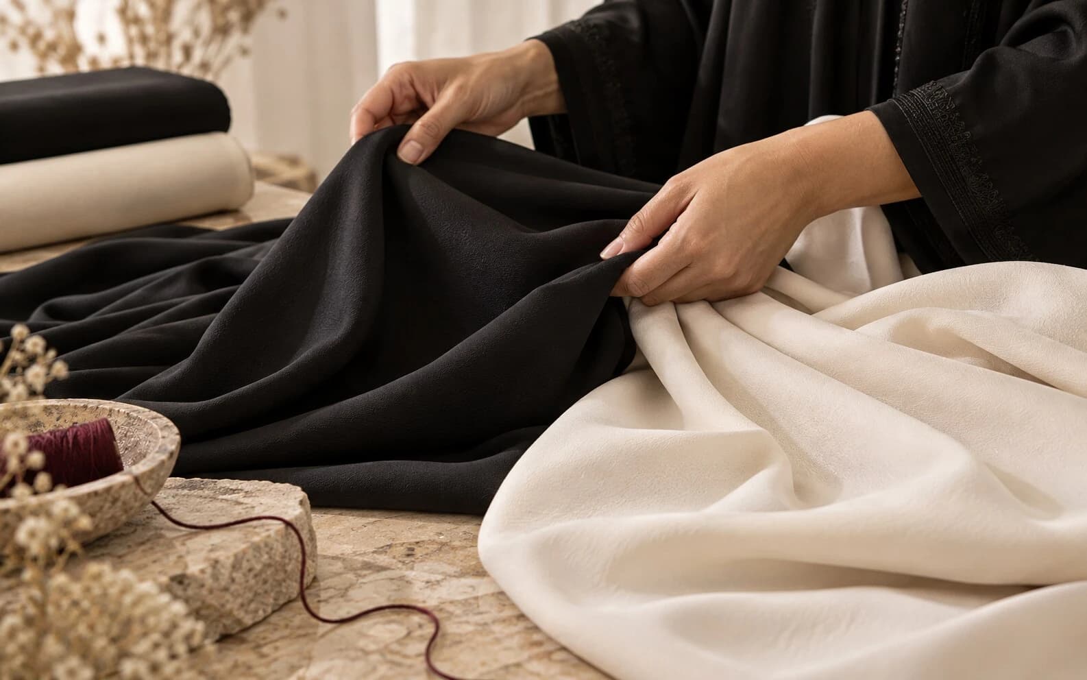 Artisan hands handling black nidha and ivory crepe fabric on a stone worktable