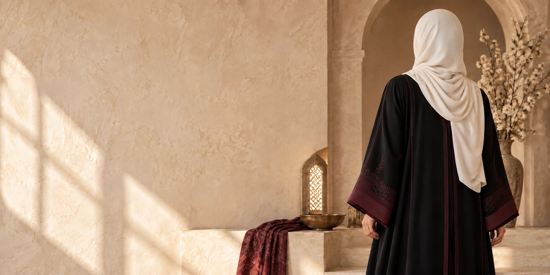 Back view of a black abaya with burgundy embroidery and a draped ivory hijab