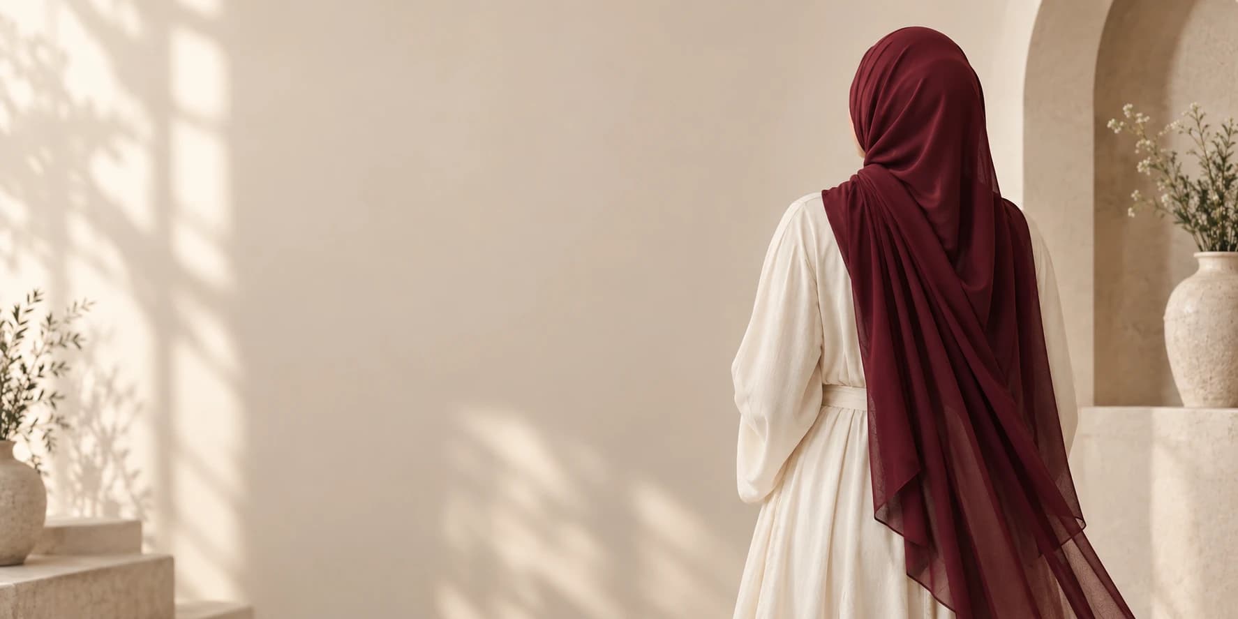 Back view of a naturally draped burgundy hijab over an ivory outfit